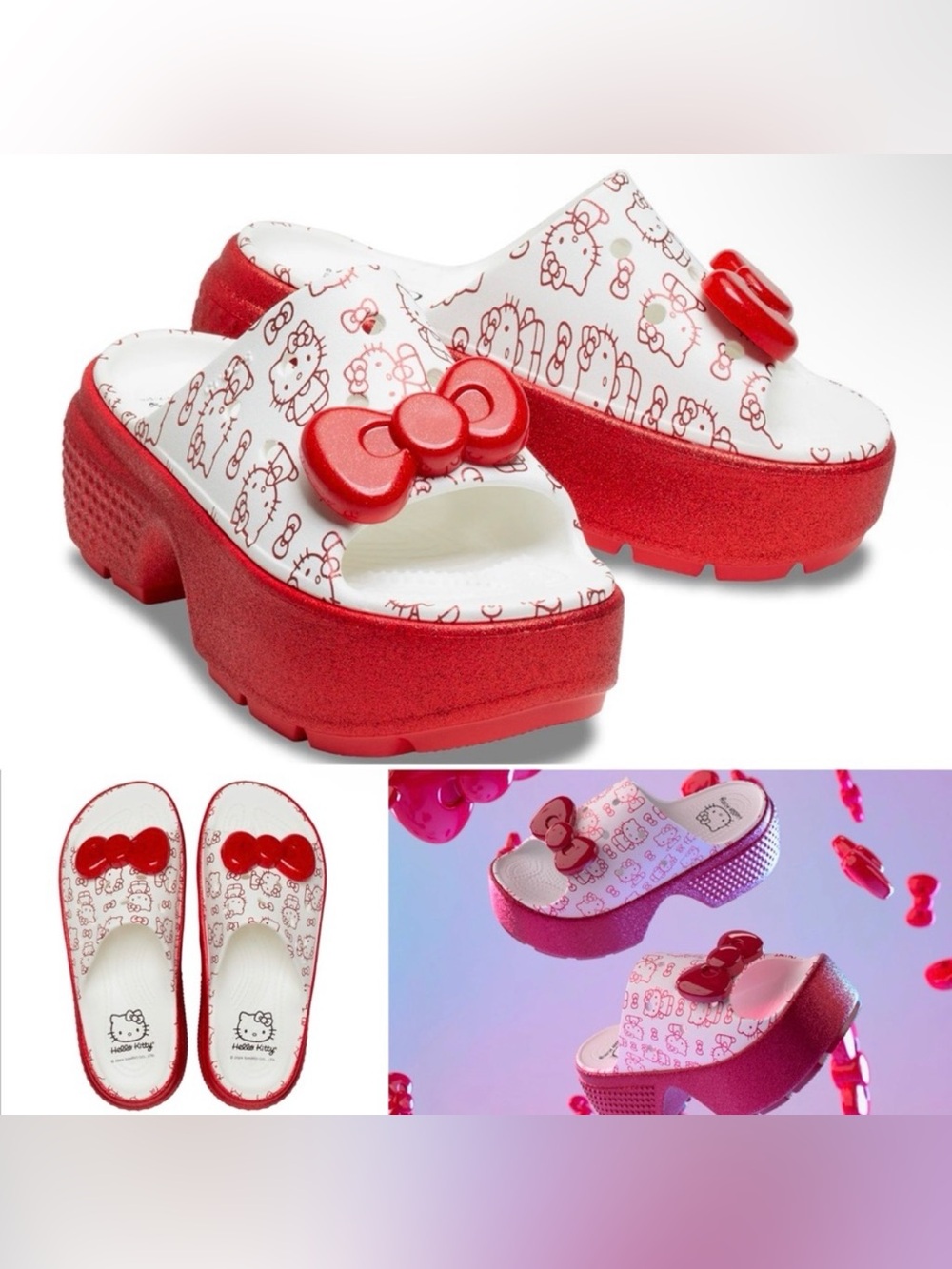 Limited Edition Hello Kitty x Crocs Adult Stomp Slide Red Glitter Red Bow